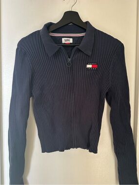 Ribbed Zip Polo Sweater - Tommy Logo